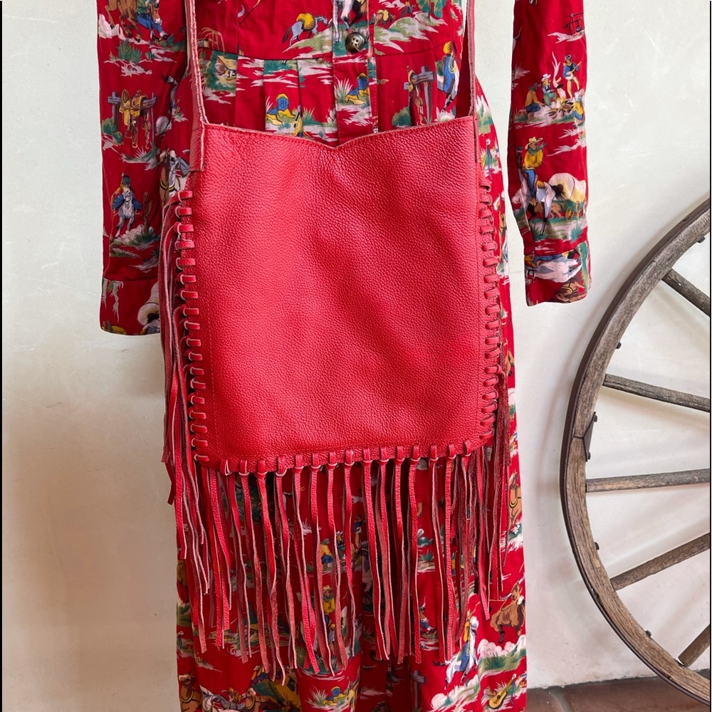 RAVIANI USA Western Red Tooled Leather American Indian Fringed Studded Bag NEW!! - Picture 3 of 14